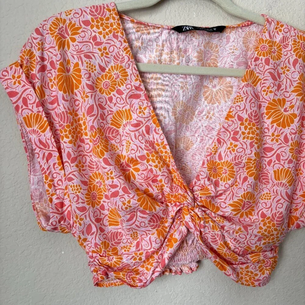Zara Linen Blend Boho Floral Print Cropped Twist Front Blouse Top - Picture 3 of 8